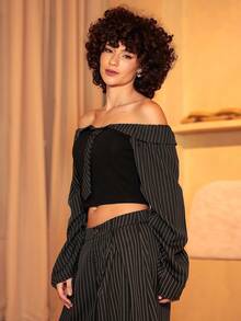 Xuxu's by Gio Blusa de Festa Sexy Slim Fit com Manga Longa, Ombro à Mostra e Babado Assimétrico Inspirada no Gótico para Mulheres Preto - Preto - Visão 3