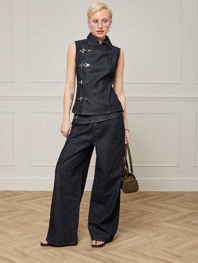 COUREZ Baggy Jeans With Overlay Skirt With Clasp Detail In Black Denim Wash /Y2K Summer Outfits For Women Summer Botttoms Going Out Outfits Festival Outfits Party Outfits Spring Outfits For Women Casual Outfits Summer Clothes For Women