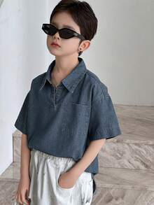 DAZY Tween Boy Boys' Denim Collared Short Sleeve Top Summer - Dark Wash - View 7