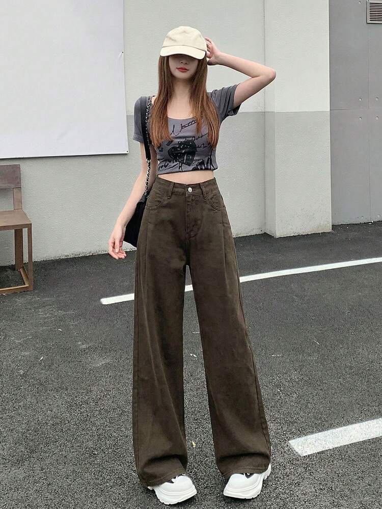 Women's High Waist Pockets Casual Loose Wide Leg Jeans