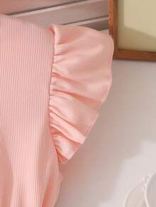 Mädchen elegantes vielseitiges rosa Kurzarmkleid, mit Rüschenärmeln, Polka Dot Applikation Tüllrock für zusätzliche Süße und Niedlichkeit, taillenbetonter Gürtel für Taillierung, geeignet für Aufführungen, Partys, Unterhaltung und andere Anlässe - Pink - Übersicht 5