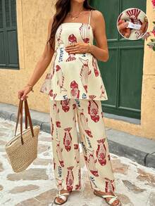 SHEIN Maternity Casual Fish Print Camisole And Pants 2 Pieces Set - Multicolor - View 7