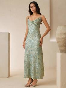 Anewsta Vacation Random Floral Design Fitted Elegant Women Long Dress - Green - View 6
