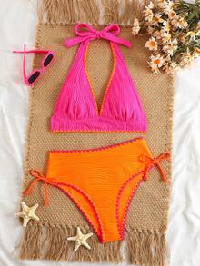 Swim Basics 2件組 女款性感螺紋撞色比基尼泳衣套裝 - 彩色 - 查看 4