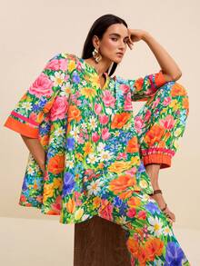 SURIMA Women's Luxury Green Floral Summer Boho Holiday Tea Party Holiday Colorful Tropical Print V-Neck Short Sleeve Shirt & Drawstring Pants 2-Piece Set - Multicolor - View 7