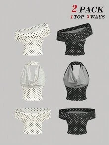 SHEIN MOD 2件套女士双面波点针织背心，黑白两色 - 黑與白 - 查看 4