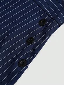 Elenzga Nuevos pantalones de estilo coreano de primavera/verano, de moda minimalista y elegante, de lino a rayas azul y blanco, de cintura alta, estilizadores, de pierna recta holgada y casual para mujeres - Azul Marino - Ver 8