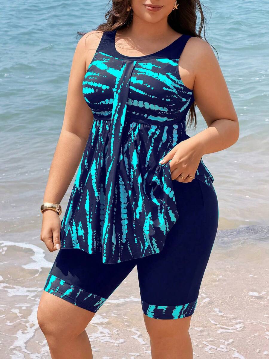 Swim Lushoire Bộ đồ bơi tankini nữ 2 mảnh size lớn 2026 mới, tankini hở lưng kèm chân váy, phối màu đen trơn và in kỹ thuật số, phù hợp đi biển, tiệc, du lịch - Màu xanh hải quân - Xem 1