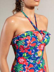 Rouah Traje de baño de una pieza con volantes y estampado floral premium para mujer, perfecto para la playa y el verano, vacaciones, días de piscina, resort, tiempo de vacaciones - Multicolor - Ver 3