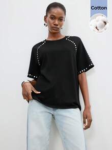 Maija Women's Round Neck Raglan Short Sleeve Casual Versatile T-Shirt - Black - View 6