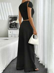 SHEIN Unity 2pcs Women's Round Neck Sleeveless Fashionable Fitted Top And Button Up Relaxed Fit Pants Set - Black - View 2