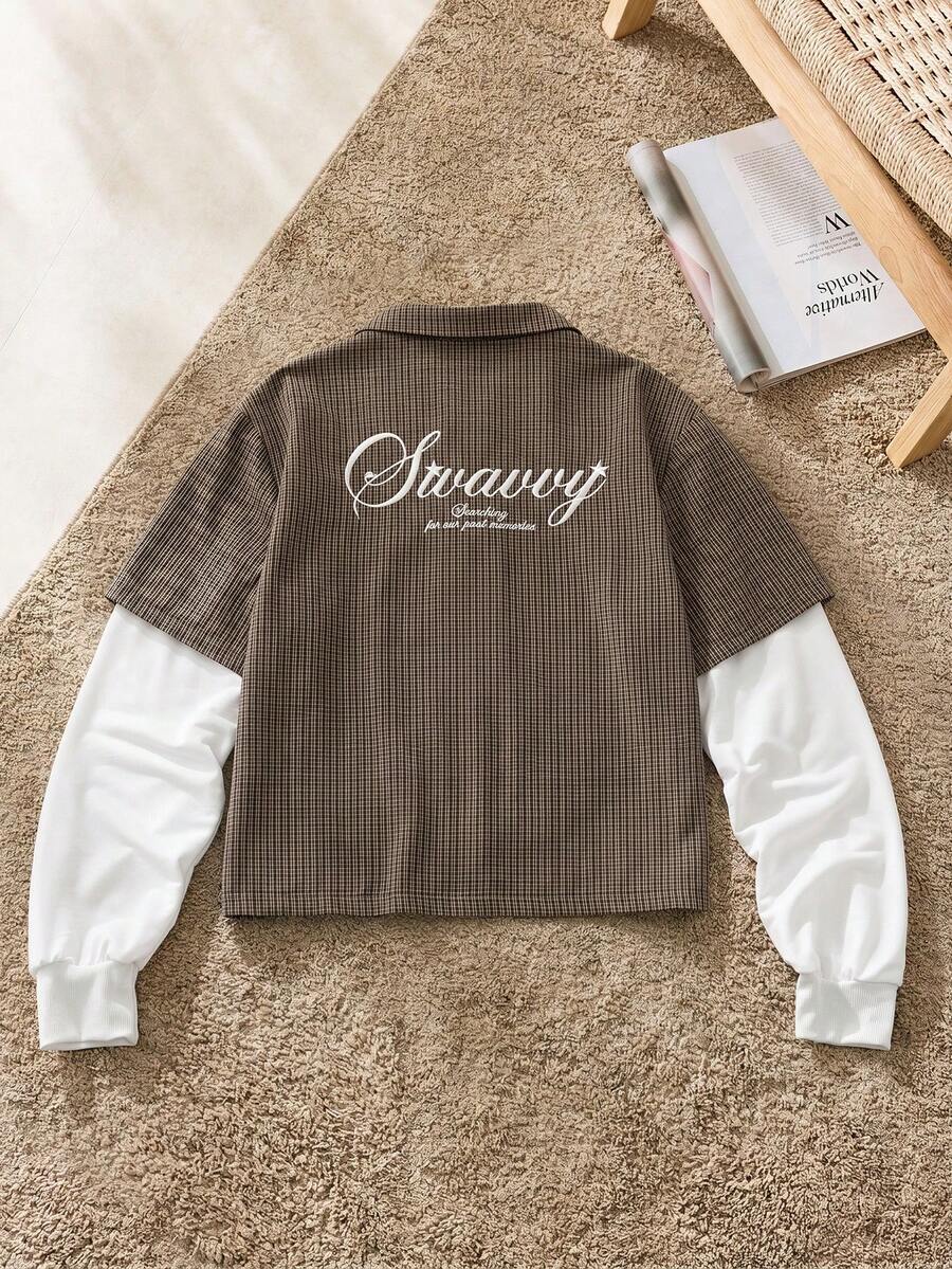 SWAVVY Men's Casual Daily Plaid Patchwork 2 In 1 Front Button Long Sleeve Shirt - Brown - View 1