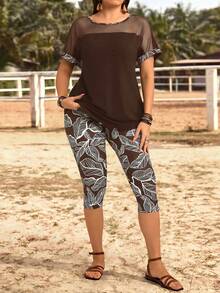 EMERY ROSE Plus Size Brown Polka Boho Summer Vacation Holiday Outfits For Women,Mesh Patchwork Top And Botanical Print 3/4 Pants 2 Pieces Set,Beach Festival - Coffee Brown - View 4