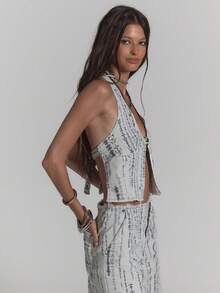 MUSERA Printed Frayed Edge Denim Halterneck Top Sexy Summer Spring Rave Festival Holiday Vacation Party Going Out Serpent - Baby Blue - View 4