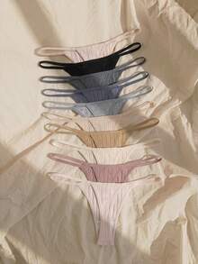 Lullawish 10pcs/Pack Women's Solid Color Ribbed Thong Panties - Multicolor - View 8