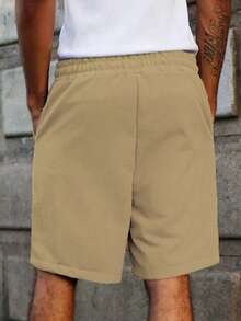 PAVTROS Men's Contrast Trim Drawstring Waist Shorts, Striped Webbing Design - Khaki - View 2