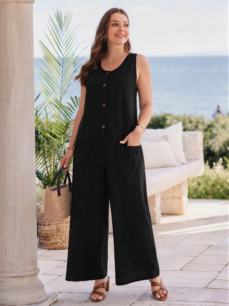 Plus Size Women's Summer Casual Vacation Country Black Jumpsuit With Pockets,Blouse Shirt Top, Suitable For Summer Vacation,Casual Holiday Style,Summer Outfits For Women ,Vacation Outfits Women ,Holiday Outfits For Women,Going Out Outfits, New Clothes,Simple And Fashionable For Everyday Wear,Suitable For Summer, Vacation, Daily Wear, Festival Outfits For Women,Country Concert Outfit,Beach Outfits For Women,Western Style,Boho Jumpsuit