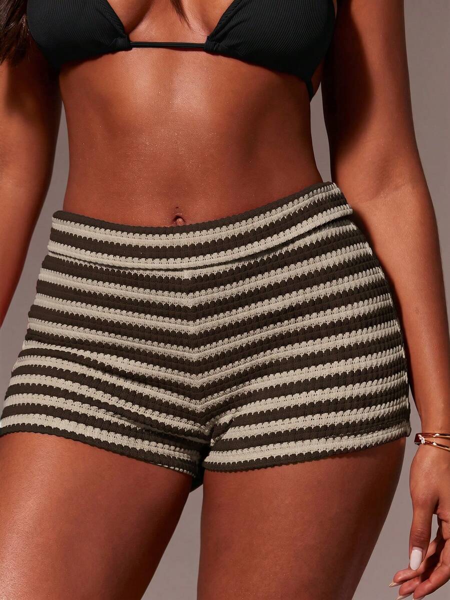 Athîral Women's Striped Casual Versatile Daily Wear Shorts - Coffee Brown - View 1