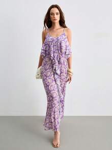 CielaLinda Đầm maxi hai dây xếp nếp in hoa dành cho nữ - Màu tím hoa cà - Xem 4