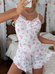 CottageSlumber Romantic & Comfortable Floral Lace Patchwork Camisole & Shorts Pajama Set, Soft Fabric For Summer - Baby Pink - View 5