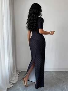 Elenzga Women's Elegant Black White Polka Dot V-Neck Lace Decor Fitted Midi Dress,Summer Dinner Date Dress For Weddings,Galas,Commute,Parties & Graduation - Black - View 2
