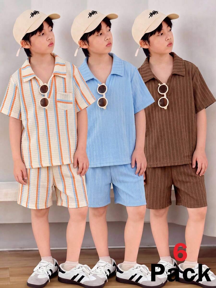 SHEIN 6件套儿童/青少年男童休闲日常条纹polo衫套装,包括条纹短裤、蓝色polo衫、蓝色短裤、棕色polo衫、棕色短裤和纯色梭织短裤,两件套polo衫套装,春夏青少年男童服装套装 - 彩色 - 查看 1