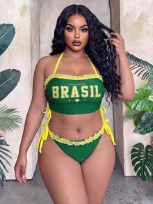 Slaydiva Plus Size Women's Patchwork Ruched Halter Tankini Top And Triangle Bottoms Swimwear Set, Suitable For Summer Vacation And Beach - Green - View 6