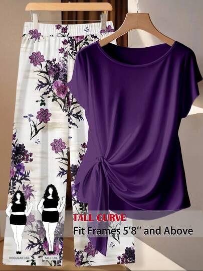 SHEIN Tall CURVE Conjunto informal de 2 piezas de mujer talla grande con blusa plisada de unicolor y pantalones con estampado floral