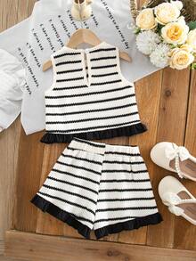 SHEIN Bộ đồ không tay kẻ sọc đen trắng có nơ dành cho bé gái - Đen và trắng - Xem 2