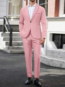 Manfinity Mode Solid Color Blazer And Pants Suit Set, Minimalist Fashion Casual Everyday Wear Wedding Suits Prom Suits Men Tuxedo Suit Formal, Ceremony - Pink - View 5