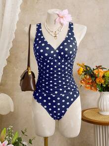 Swim Mod Women's One-Piece Swimsuit, Sexy Tropical Casual Vacation Minimalist Navy Blue Polka Dot Pattern With Ruched Adjustable Straps, Spring/Summer Beach - Multicolor - View 3