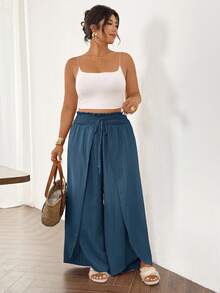 SHEIN Frenchy Plus Size Women Solid Color Split Design Casual Versatile Daily Wear Pants Fall - Navy Blue - View 5
