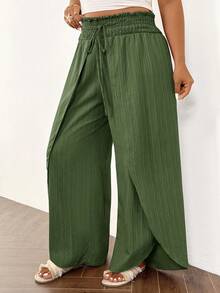 SHEIN Frenchy Plus Size Solid Color High Waist Casual Wide Leg Pants With Tie Front - Green - View 3