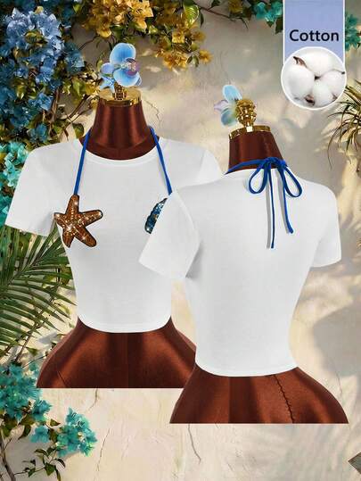 Amplova Summer Beach Vacation Style Starfish Sequin Decor Casual Blouse For Women