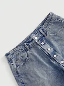 ROMWE MEN Washed Vintage Style Loose Straight Leg Denim Shorts With Multiple Buttons For Men - Blue - View 3
