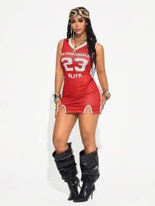 Gowayae Gowayae Women's Retro Street Sports V Neck 23 Numbers Letters Printed Mesh Fitted Side Slit Sleeveless Dress,Red And White,Summer,Athletic,City Break,Summer - Red - View 6