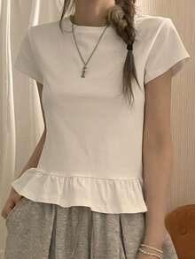 DAZY Women's Loose Fit Ruffle Hem Striped Long Sleeve T-Shirt, Minimalist Design Summer - White - View 7