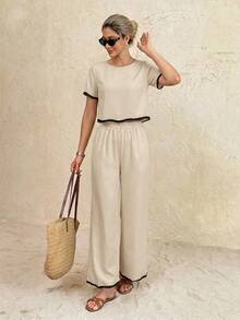 SHEIN Frenchy Women's Vacation Casual Contrast Trim Top And Pants 2 Pieces Set - Apricot - View 4