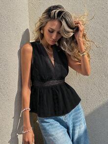 2026 Blusa sin mangas con bordado y espalda descubierta para vacaciones de verano de mujer - Negro - Ver 2