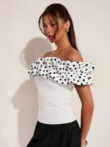 COSMINA Women's Elegant Cute White With Black Polka Dots Contrast Color Off-Shoulder Petal Sleeve Top, Versatile For Commute Vacation, Office, Dates, Parties - White - View 3