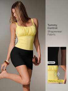 Nuvra Top corto con busto fruncido de doble capa y cuello cuadrado, camiseta sin mangas ajustada que moldea la cintura para mujer - Amarillo claro - Ver 6