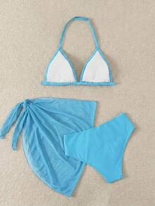 SHEIN 少女三件套泳装：碎花比基尼上衣、泳裤和系带半身裙，蓝白相间 - 藍色 - 查看 2