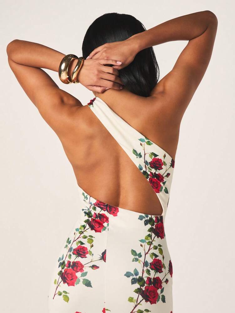 MISSGUIDED Asymmetric One Shoulder Floral Rose Print Midi Dress With Bodycon Fit For Party Evening Occasions