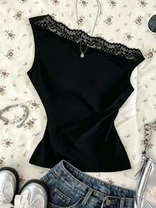 Mulvari French Lace Patchwork Asymmetric Neck Sleeveless Elegant Asymmetrical Shoulder Cropped Tank Top For Women Goin Out Night Out Black Summer - Black - View 2