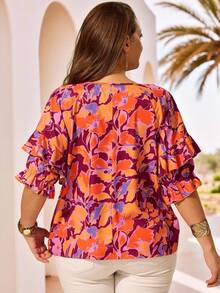 EMERY ROSE Plus Size Floral Print Knot Casual Ruffle Hem Blouse - Pink - View 2