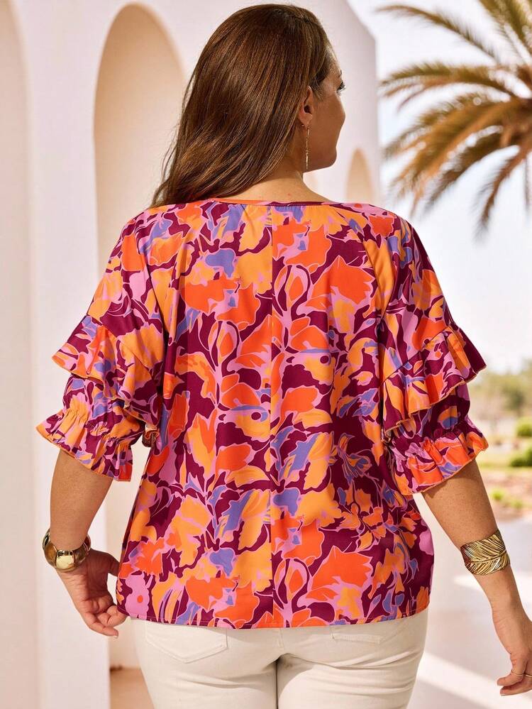 Plus Size Floral Print Knotted Ruffle Hem Casual Shirt
