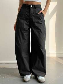 Livesso Pantalones de pierna acampanada de cintura alta de unicolor casual para mujer - Negro - Ver 5