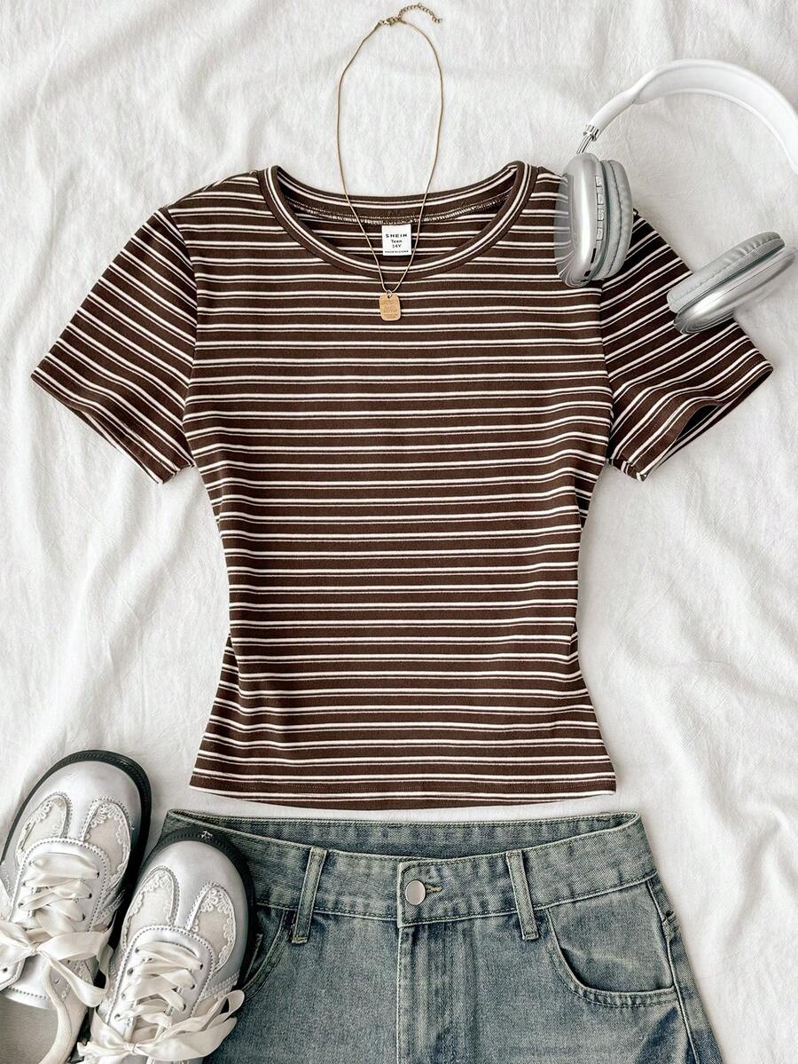 SHEIN Teen Girls Brown Striped Round Neck Short Sleeve T-Shirt, Casual Minimalist Summer - Brown - View 1