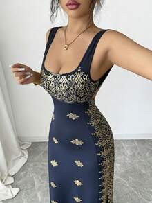 SHEIN Raffinéa 女士亮金色黑色夏季新款连衣裙，方领细肩带迷人露背开衩修身高腰连衣裙，适合派对、婚礼、商务宴会、日常活动、盛会、婚宴、节日装扮等场合。 - 藏蓝色 - 查看 3