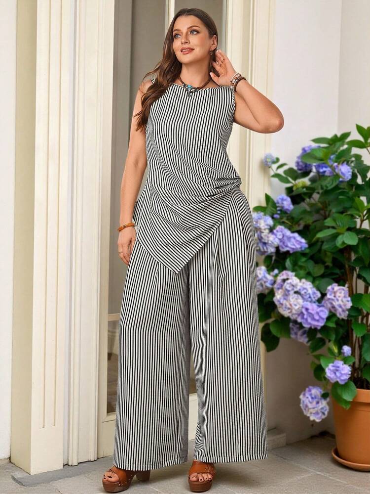 2pc Set  Plus Size Women's Summer Casual Vacation Country Striped Sleeveless Pleated Asymmetrical Hem Tank Top And Wide Leg Pants 2 Piece Set With Pockets, Spring/Summer,Summer\Vacation,Summer Holiday,Spring Break Outfits ,Vacation Outfits Women ,Holiday Outfits For Women,Going Out Outfits,2026 New Clothes,Simple And Fashionable For Everyday Wear,Suitable For Summer, Vacation, Daily Wear,Modest Two Piece Set, Plus Size Summer Sets,Plus Size Pants Set,Boho Set,Boho Pants Set For Women,Wide Leg Pants Set,2 Piece Casual Sets Woman, Two Piece Set Women Comfy,Casual Home Set,Striped Set